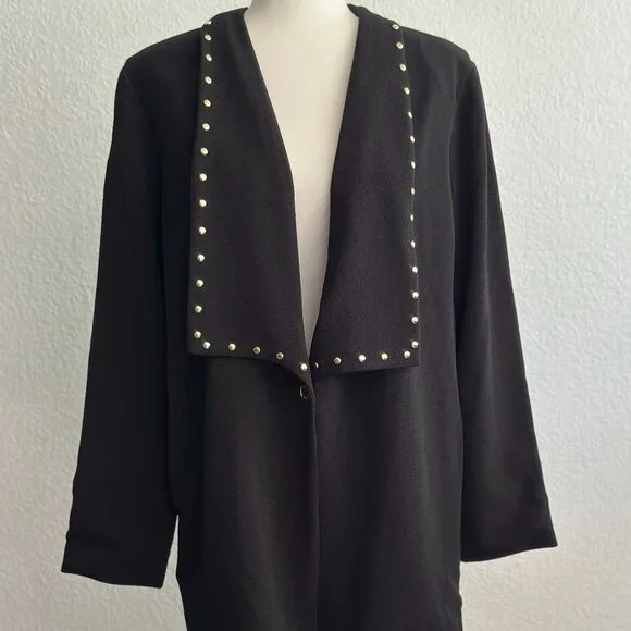 MICHAEL By Michael Kors Black with Gold Studs Open Front Blazer Jacket Size: L - Picture 2 of 10